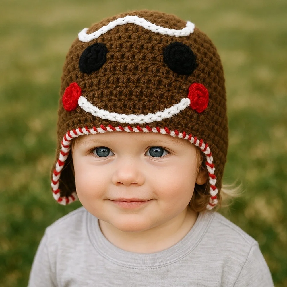 Handmade Gingerbread Man Crochet Hat – Brown‎ Holiday Beanie – Child Size